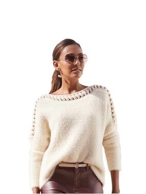 Off-the-Shoulder Cream Open-Stitch Knit Sweater